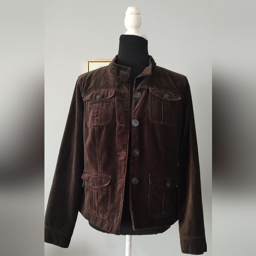 Jacket Velvet Covington  Women Size M (10-12) Pocket Front ColorBrown Polyester